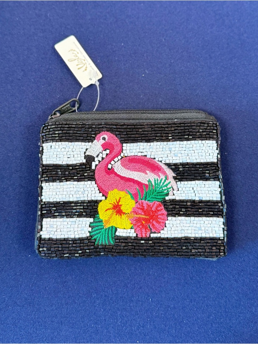 Beaded Flamingo Stripe Coin Purse - Pink, Black, White